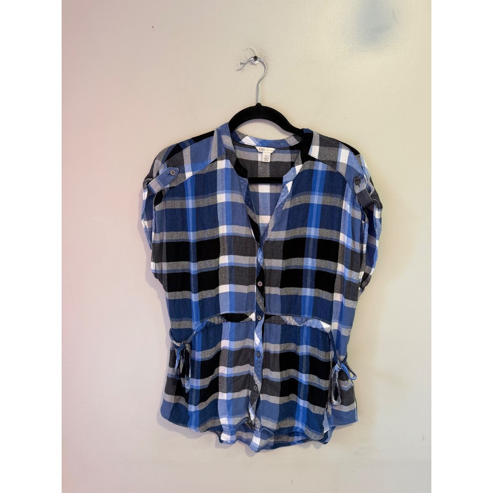 Cato Blue Plaid Button Down Short Sleeve Top with Side Ties Large